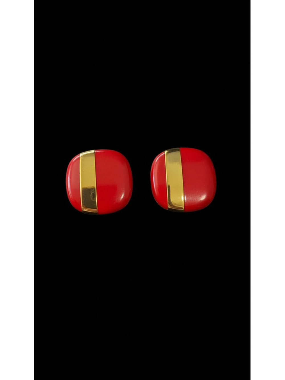 Vintage Monet red enamel gold tone stripe square post earrings